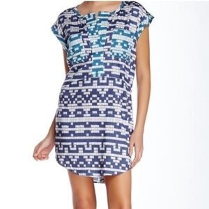 TOWNSEN Navy Blue Geometric Print Short Sleeve V-Neck Dress Size S
